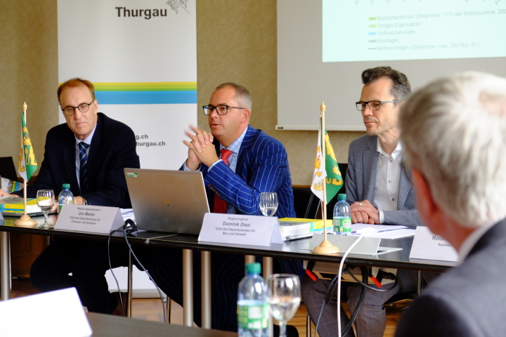 Urs Meierhans, Chef der Finanzverwaltung, Regierungspräsident Urs Martin und Regierungsrat Dominik Diezi präsentierten das Budget 2023 sowie die grösseren Bauvorhaben. Foto: zVg.