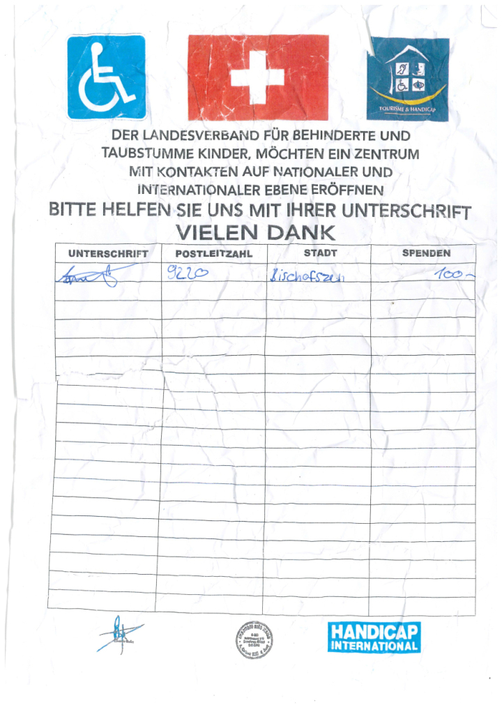 Die Bettler nutzten solche Formulare. Die angebliche Spende hatten sie selbst eingetragen, um andere Personen zur Spende zu animieren. Foto: Kantonspolizei Thurgau