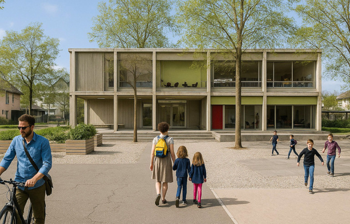 Visualisierung Schulhaus Brüggli, einzugsbereit im Herbst 2026. zVg. Primarschule Romanshorn Visualisierung Schulhaus Brüggli, einzugsbereit im Herbst 2026. zVg. Primarschule Romanshorn