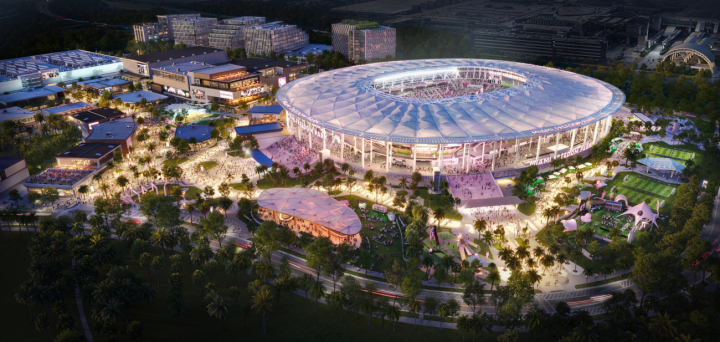 Visualisierung des neuen Stadions von Inter Miami CF mit dem weitläufigen Areal von 131 Hektaren. (Quelle: https://www.intermiamicf.com/media/) 