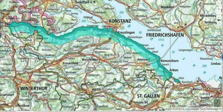 Im Kanton Thurgau bleiben die Kontroll- und Beobachtungsgebiete entlang des Rheins sowie des Ober- und Unterseeufers bis 15. März 2022 bestehen.   Screenshot: ThurGis, © Daten: Bundesamt für Landestopografie, Amt für Geoinformation TG
