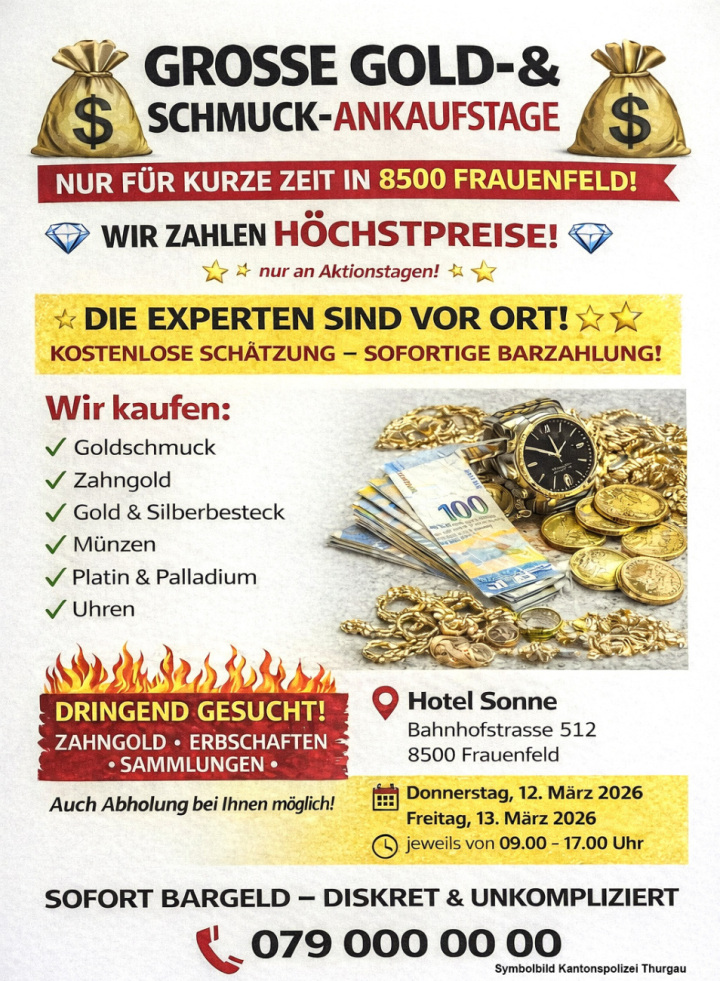 Bei Kontrollen von Altedelmetall-Ankäufern hat die Kantonspolizei Thurgau diverse Gesetzesverstösse festgestellt. Beim Flyer handelt es sich um ein KI-generiertes Symbolbild. (Bild: Kantonspolizei Thurgau)