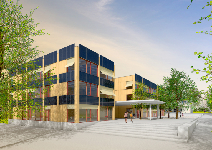 Der geplante Neubau Schulhaus Zelgli an der Gottfried-Keller-Strasse 19. Visualisierung: nägele twerenbold architekten eth/sia
