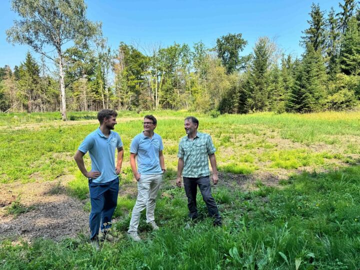 Tobias Schmid, Teamleiter in der Abteilung Natur und Landschaft, Matthias Künzler, Leiter der Abteilung Natur und Landschaft, und Ruedi Lengweiler, Förster Waldbiodiversität des Thurgauer Forstamtes, stehen im Gebiet Gampen vor einer Streuwiese, die das Wasser speichert. Fotos: zVg. Tobias Schmid, Teamleiter in der Abteilung Natur und Landschaft, Matthias Künzler, Leiter der Abteilung Natur und Landschaft, und Ruedi Lengweiler, Förster Waldbiodiversität des Thurgauer Forstamtes, stehen im Gebiet Gampen vor einer Streuwiese, die das Wasser speichert. Fotos: zVg.