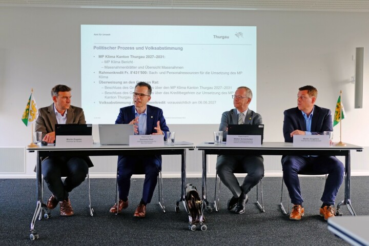 Martin Eugster, Chef Amt für Umwelt, Regierungsrat Dominik Diezi, Chef Departement für Bau und Umwelt, Regierungsrat Walter Schönholzer, Chef Departement für Inneres und Volkswirtschaft, und Martin Angehrn, Chef Landwirtschaftsamt, stellen im Rahmen einer Medienkonferenz den überarbeiteten Massnahmenplan Klima 2027–2031 vor. Foto: zVg. Martin Eugster, Chef Amt für Umwelt, Regierungsrat Dominik Diezi, Chef Departement für Bau und Umwelt, Regierungsrat Walter Schönholzer, Chef Departement für Inneres und Volkswirtschaft, und Martin Angehrn, Chef Landwirtschaftsamt, stellen im Rahmen einer Medienkonferenz den überarbeiteten Massnahmenplan Klima 2027–2031 vor. Foto: zVg.
