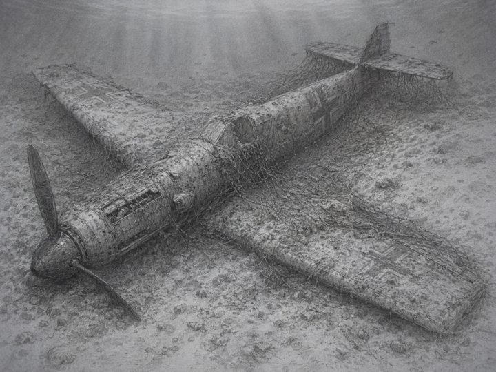 Zeichnung aus Erzählung – Messerschmitt Bf 109, Rorschacher Bucht. Fotos : Silvan Paganini